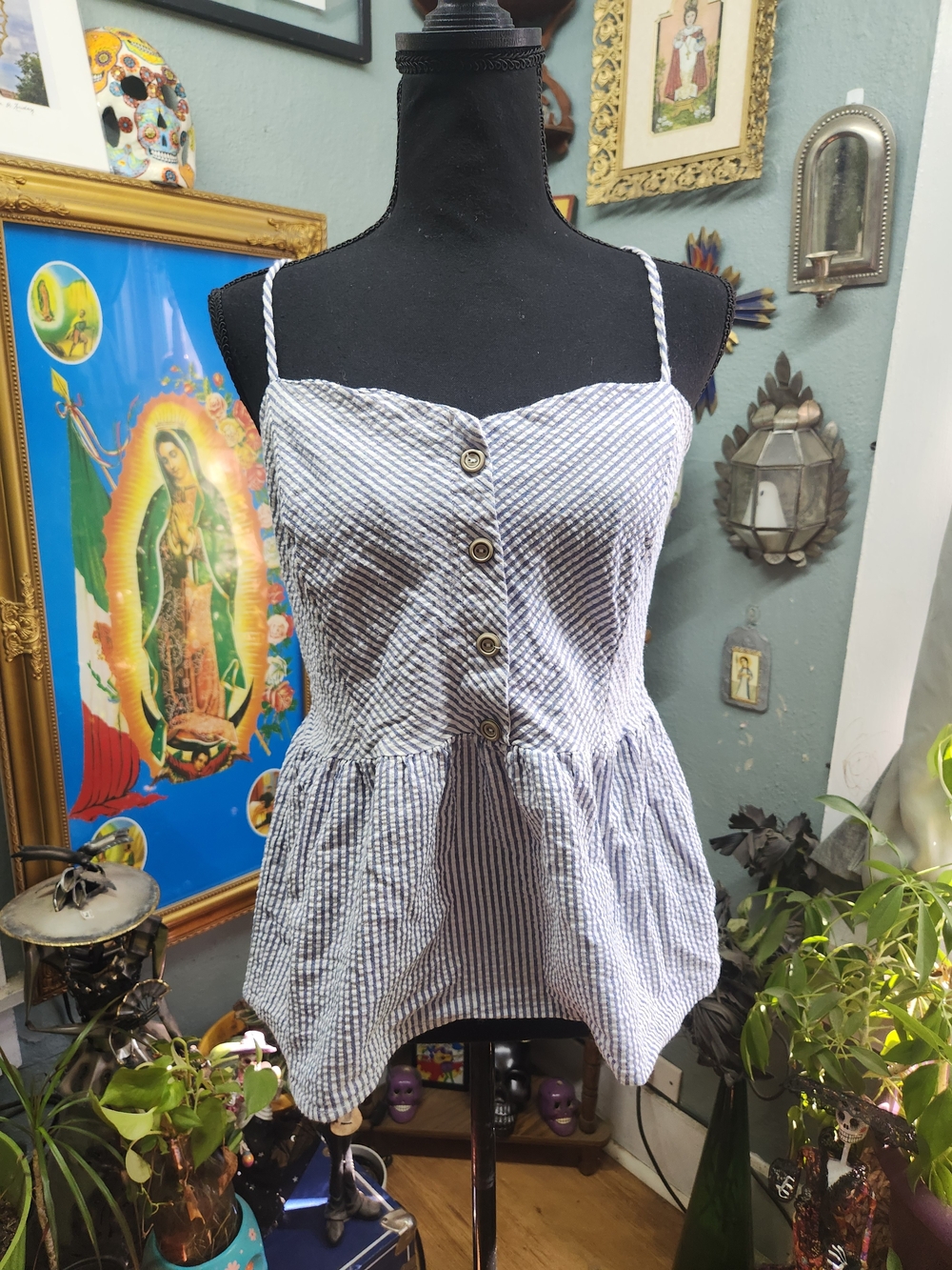 Potter's Pot Blue and White Striped Button-Front Peplum Camisole